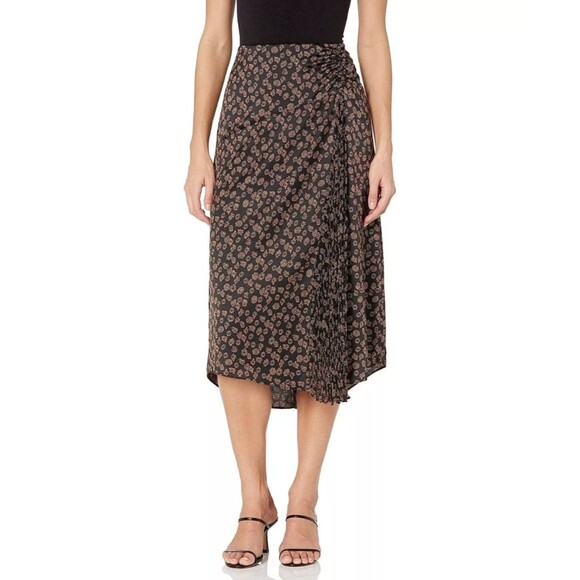 VINCE Zinnia Floral-Print Satin Midi Ruched Pleated Detail Asymmetric Skirt 10 L - Picture 2 of 3